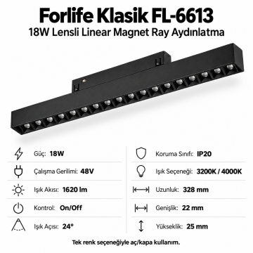 Forlife Klasik FL-6613 18W Lensli Linear Magnet Ray Armatür Siyah Kasa