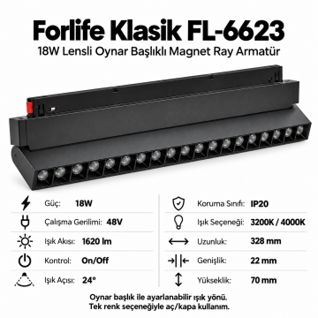 Forlife Klasik FL-6623 18W Lensli Oynar Başlıklı Magnet Ray Armatür Siyah Kasa