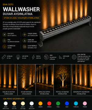 Sıva Üstü Wallwasher Duvar Aydınlatma 67Cm 24 Ledli Volvoşır Aydınlatma RGB (Çok Renkli)