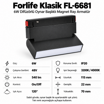 Forlife Klasik FL-6681 6W Difüzörlü Oynar Başlıklı Magnet Ray Armatür Siyah Kasa