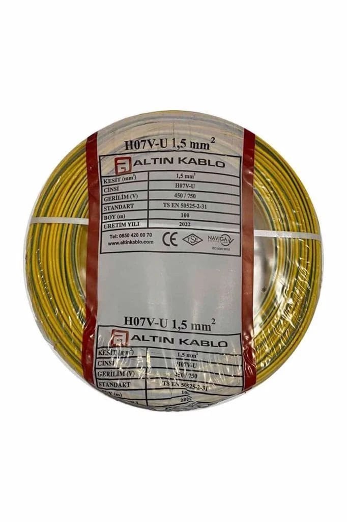 Altın Kablo 1,5 mm Nya Tek Damarlı Bakır Elektrik Kablosu Sarı Yeşil 100 Metre