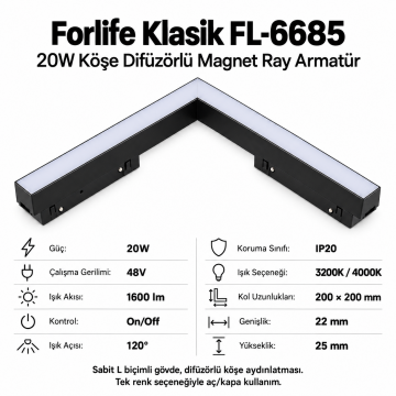 Forlife Klasik FL-6685 20W Köşe Difüzörlü Magnet Ray Armatür Siyah Kasa