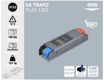 Noas 12 Volt 5 Amper 60W Pro Klemensli Bakır Sargılı Şerit Led Trafosu YL20-1205
