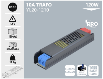 Noas 12 Volt 10 Amper 120W Pro Klemensli Bakır Sargılı Şerit Led Trafosu YL20-1210