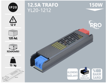 Noas 12 Volt 12.5 Amper 150W Pro Klemensli Bakır Sargılı Şerit Led Trafosu YL20-1212