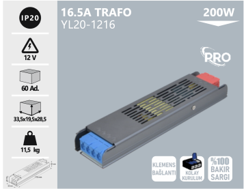 Noas 12 Volt 16.5 Amper 200W Pro Klemensli Bakır Sargılı Şerit Led Trafosu YL20-1216
