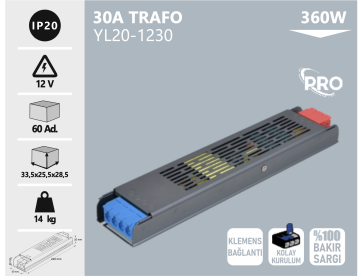 Noas 12 Volt 30 Amper 360W Pro Klemensli Bakır Sargılı Şerit Led Trafosu YL20-1230