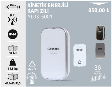 Noas Modern Kinetik Enerjili Kablosuz Kapı Zili 36 Moledili YL03-5001