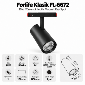 Forlife Klasik FL-6672 20W Spot Magnet Ray Aydınlatma Siyah Kasa