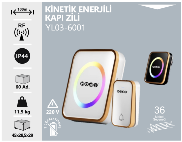 Noas Modern Kinetik Enerjili Kablosuz Kapı Zili 36 Moledili RGB YL03-6001