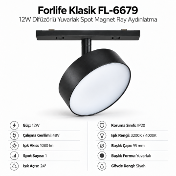Forlife Klasik FL-6679 12W Difüzörlü Yuvarlak Spot Magnet Ray Aydınlatma Siyah Kasa