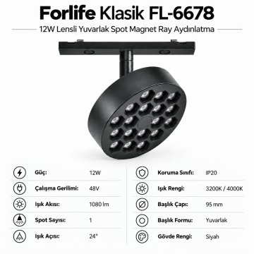 Forlife Klasik FL-6678 12W Lensli Yuvarlak Spot Magnet Ray Aydınlatma Siyah Kasa