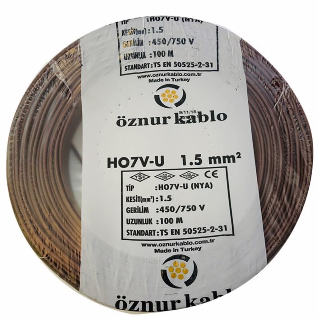 Öznur Kablo 1,5 mm Nya Tek Damarlı Bakır Elektrik Kablosu Kahverengi 100 Metre