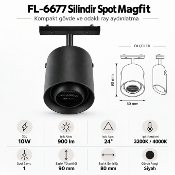 Forlife Klasik FL-6677 10W Silindir Spot Magnet Ray Aydınlatma Siyah Kasa