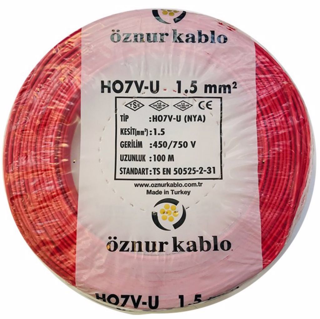 Öznur Kablo 1,5 mm Nya Tek Damarlı Bakır Elektrik Kablosu Kırmızı 100 Metre