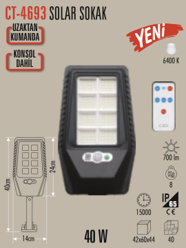 Cata 40W Güneş Enerjili Konsollu Solar Sokak Aydınlatma Armatürü CT-4693