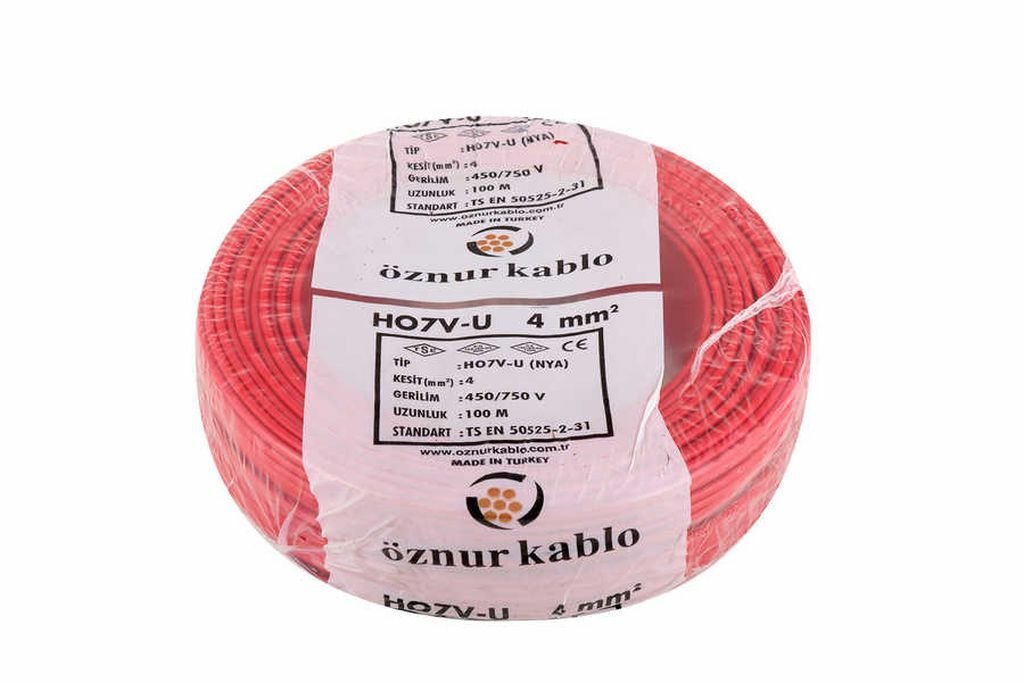 Öznur Kablo 4 mm Nya Tek Damarlı Bakır Elektrik Kablosu Kırmızı 100 Metre