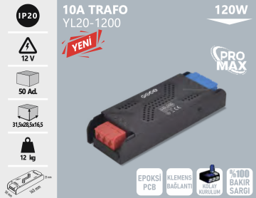 Noas 12 Volt 10 Amper 120W Pro Max Serisi Klemensli Bakır Sargılı Şerit Led Trafosu YL20-1200