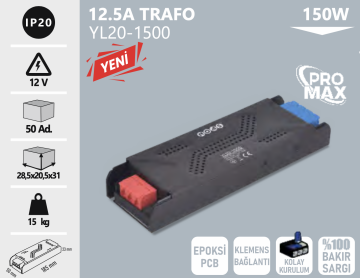 Noas 12 Volt 12,5 Amper 150W Pro Max Serisi Klemensli Bakır Sargılı Şerit Led Trafosu YL20-1500