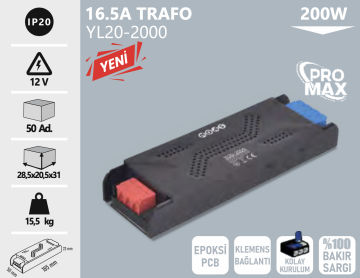 Noas 12 Volt 16,5 Amper 200W Pro Max Serisi Klemensli Bakır Sargılı Şerit Led Trafosu YL20-2000