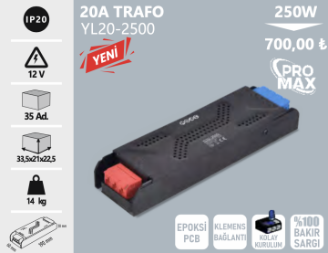 Noas 12 Volt 20 Amper 250W Pro Max Serisi Klemensli Bakır Sargılı Şerit Led Trafosu YL20-2500