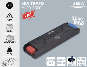 Noas 12 Volt 30 Amper 360W Pro Max Serisi Klemensli Bakır Sargılı Şerit Led Trafosu YL20-3600