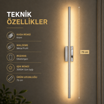 Krom Kasa Düz Dekoratif Çift Yönlü Duvar Aplik 75CM