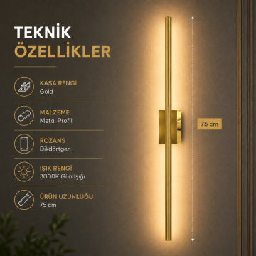 Gold Kasa Düz Dekoratif Çift Yönlü Duvar Aplik 75CM