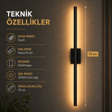 Siyah Kasa Düz Dekoratif Çift Yönlü Duvar Aplik 75CM