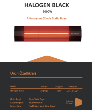 Ardonat 2000 Watt Dış Mekan Kafe Restoran Isıtıcı İnfrared Halogen Black