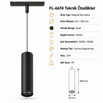 Forlife Klasik FL-6674 12W Silindir Sarkıt Magnet Ray Aydınlatma