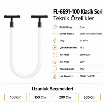 Forlife Klasik FL-6697-100 Siyah Esnek Hortum Magnet Ray Aydınlatma