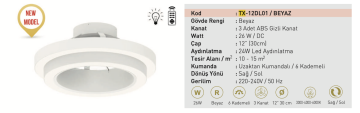 Taflan TX-12DL01 Beyaz 26W Işıklı Uzaktan Kumandalı Gizli Kanat Lambalı Tavan Vantilatörü