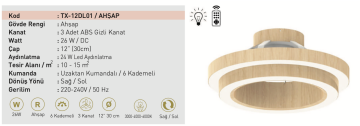 Taflan TX-12DL01 Ahşap 26W Işıklı Uzaktan Kumandalı Gizli Kanat Lambalı Tavan Vantilatörü