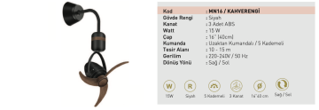 Taflan MN16 15W Kahverengi Kanatlı Uzaktan Kumandalı 3 Kanatlı Aplik Vantilatör