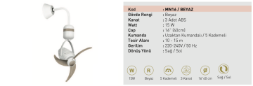 Taflan MN16 15W Kayın Kanatlı Uzaktan Kumandalı 3 Kanatlı Aplik Vantilatör