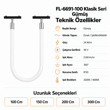 Forlife Klasik FL-6697-100 Gümüş Esnek Hortum Magnet Ray Aydınlatma