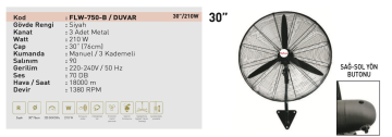 Kaşkar Taflan FLW-750-B 210W 3 Kademeli Metal Gövde Sanayi Tipi Duvar Vantilatörü 76CM