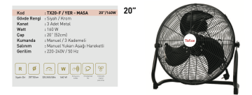 Kaşkar Taflan TX20-F 160W 3 Kademeli Siyah Gövde Sanayi Tipi Yer Masa Vantilatörü 52CM