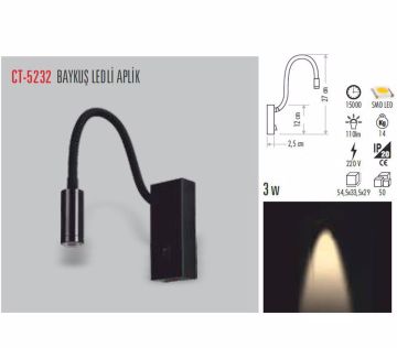 Cata Baykuş Ledli Duvar Yatak Başı Aplik Armatür Beyaz Kasa ct-5232