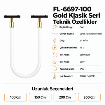 Forlife Klasik FL-6697-100 Gold Esnek Hortum Magnet Ray Aydınlatma