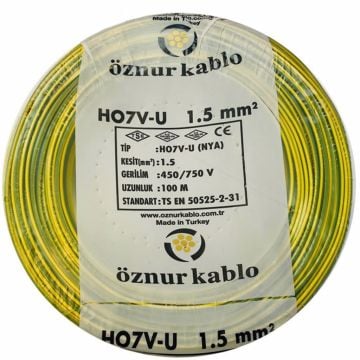 Öznur Kablo 1,5 mm Nya Tek Damarlı Yanmaz Bakır Elektrik Kablosu Sarı Yeşil 100 Metre