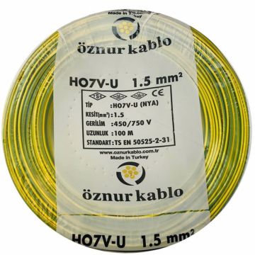 Öznur Kablo 1,5 mm Nya Tek Damarlı Yanmaz Bakır Elektrik Kablosu Sarı Yeşil 100 Metre