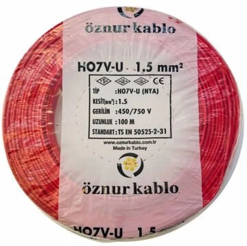 Öznur Kablo 1,5 mm Nya Tek Damarlı Yanmaz Bakır Elektrik Kablosu Kırmızı 100 Metre