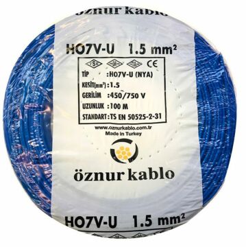 Öznur Kablo 1,5 mm Nya Tek Damarlı Yanmaz Bakır Elektrik Kablosu Mavi 100 Metre