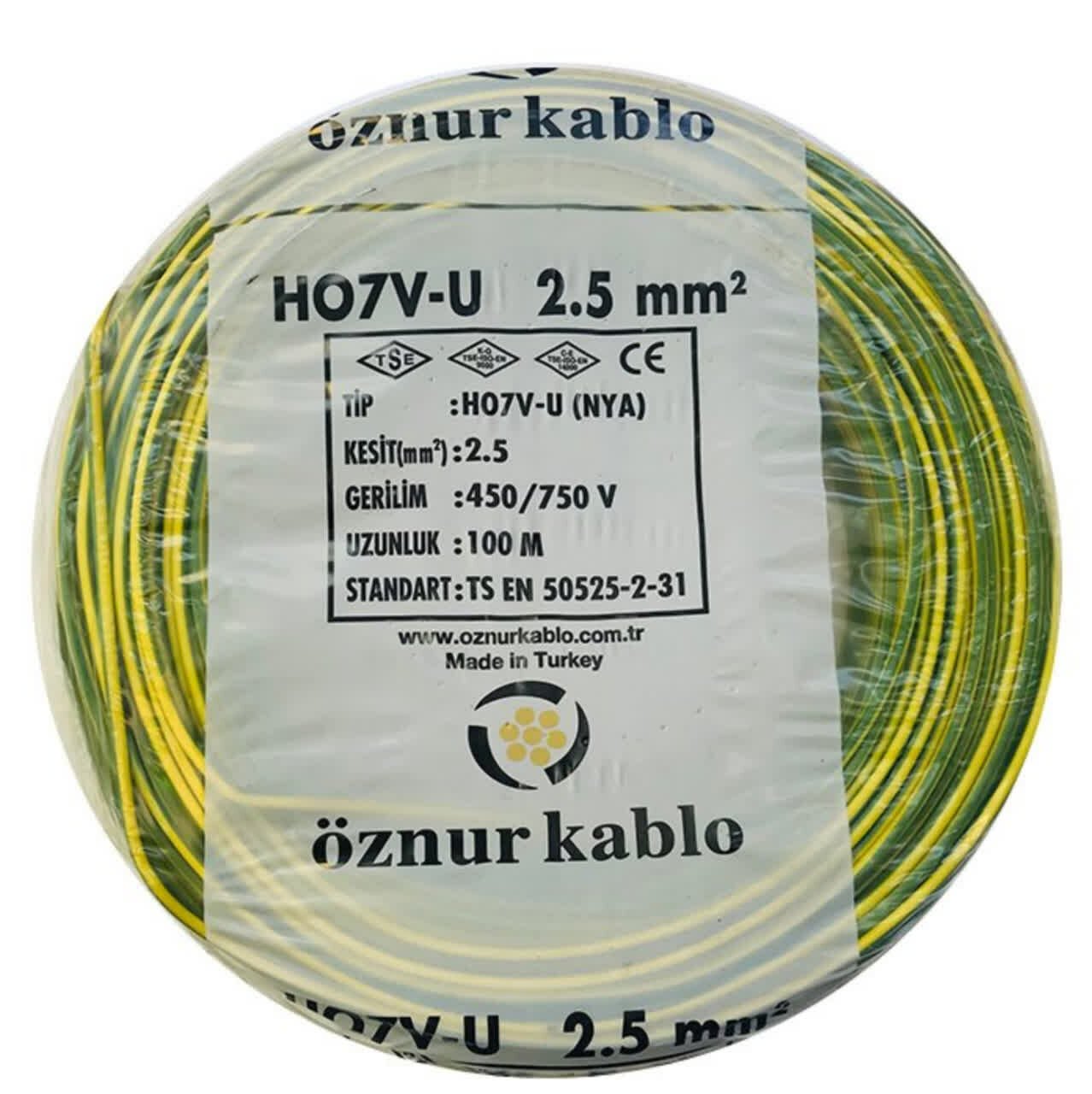 Öznur Kablo 2,5 mm Nya Tek Damarlı Yanmaz Bakır Elektrik Kablosu Sarı Yeşil 100 Metre