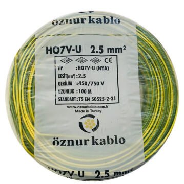 Öznur Kablo 2,5 mm Nya Tek Damarlı Yanmaz Bakır Elektrik Kablosu Sarı Yeşil 100 Metre