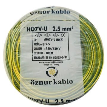 Öznur Kablo 2,5 mm Nya Tek Damarlı Yanmaz Bakır Elektrik Kablosu Sarı Yeşil 100 Metre