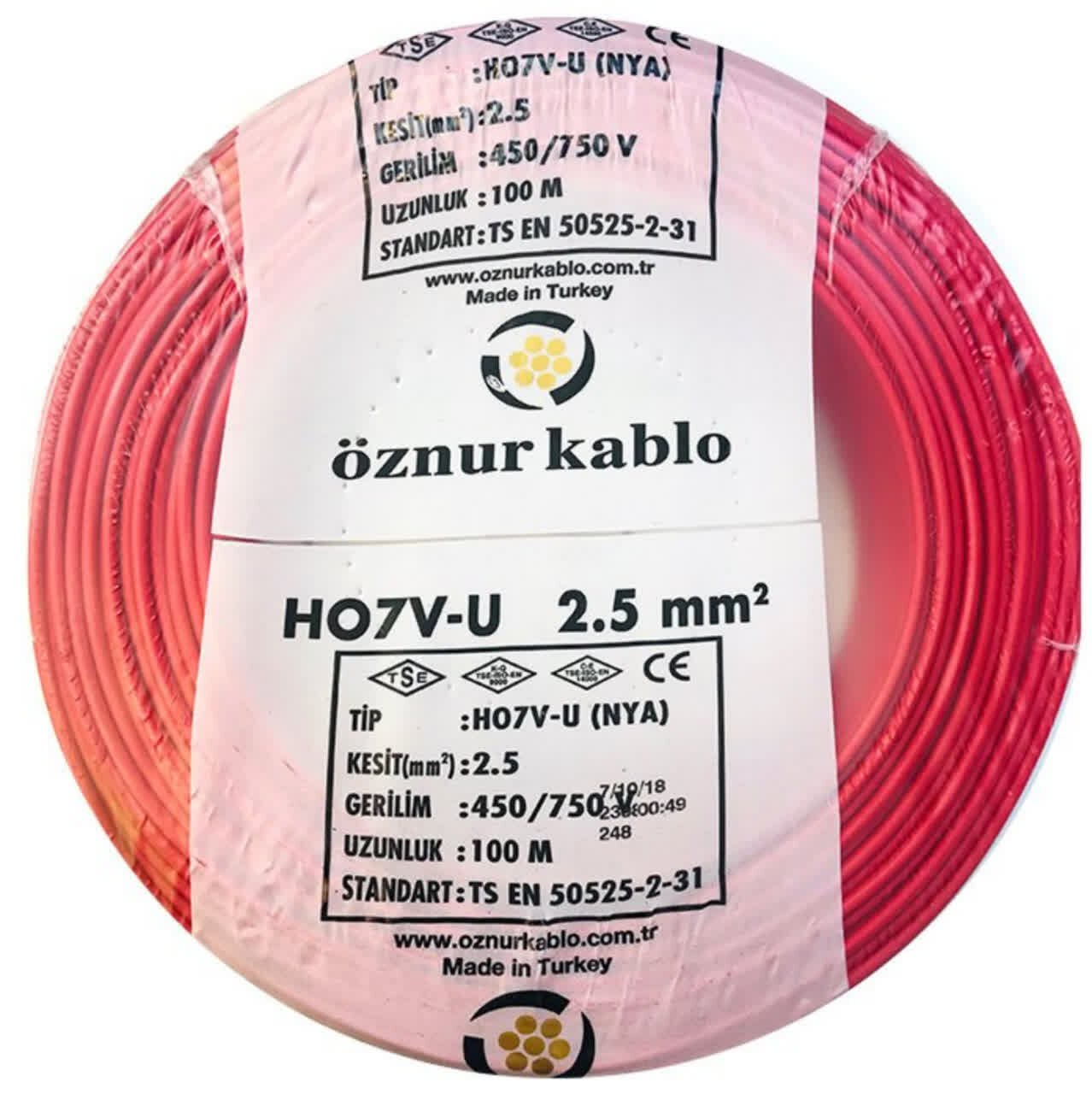 Öznur Kablo 2,5 mm Nya Tek Damarlı Yanmaz Bakır Elektrik Kablosu Kırmızı 100 Metre