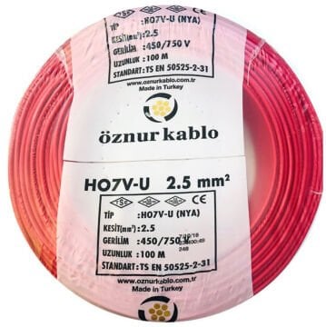 Öznur Kablo 2,5 mm Nya Tek Damarlı Yanmaz Bakır Elektrik Kablosu Kırmızı 100 Metre